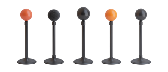 Pack of Microphone Stands in Five Different Poses Against Transparent Background for Audio Equipment Branding, Music Setup Promotion, or Studio Design Projects