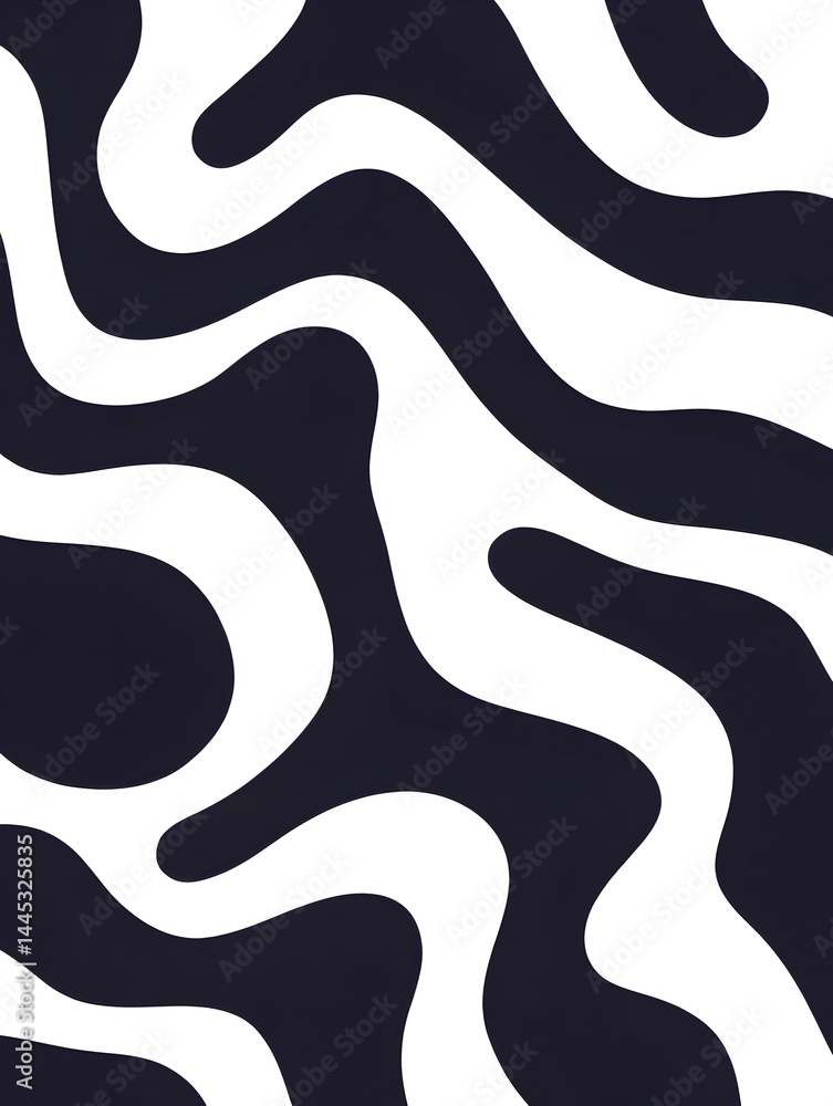 Poster abstract monochrome artwork featuring flowing, wavy lines in black and white, creating a dynamic vis
