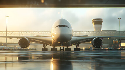 White airbus 380a parked semi front view