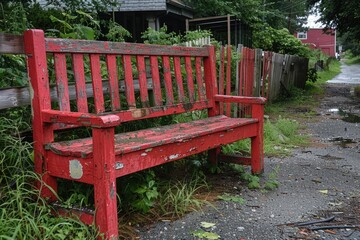 An old weathered red wooden bench sits near a quiet pathway