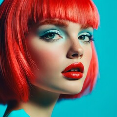 Young woman, pop art style, red wig, on blue.