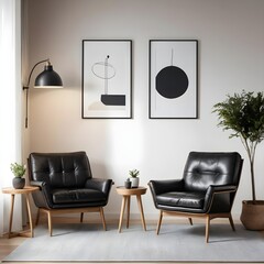Modern Living Room Interior with Black Leather Armchairs