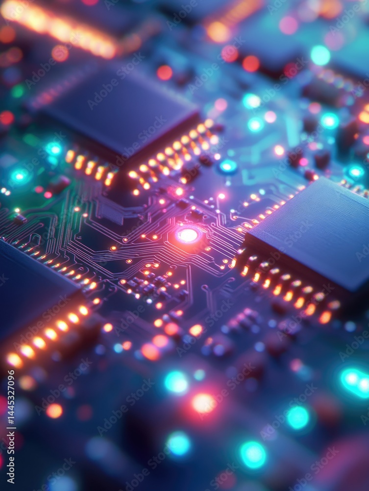Poster close-up view of a circuit board with glowing components, showcasing intricate technological details