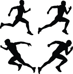 Silhouette Runners in Dynamic Poses – Black and White Vector Illustration Featuring Sprinting Figures in Motion, Athletic Side View Profiles, Minimalist Design and Competitive Sports Concept