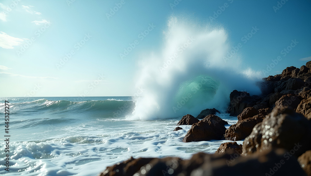 Poster high speed shot of powerful ocean wave smashing rocky shoreline capturing dynamic water flow spray d