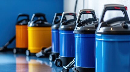 Row of commercial vacuum cleaners lined up against a wall in janitorial supply room