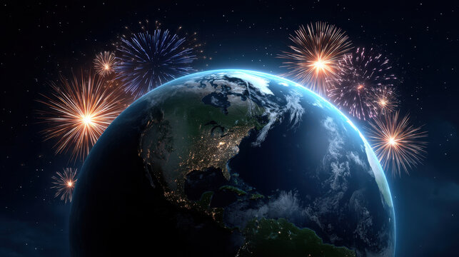 Vibrant celebration with colorful fireworks bursting around illuminated Earth at night, showcasing city lights and festive atmosphere in space