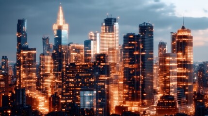 Naklejka premium Illuminated Metropolis at Dusk: The cityscape comes alive at dusk with a mesmerizing display of lights dancing across the towering skyscrapers and buildings.