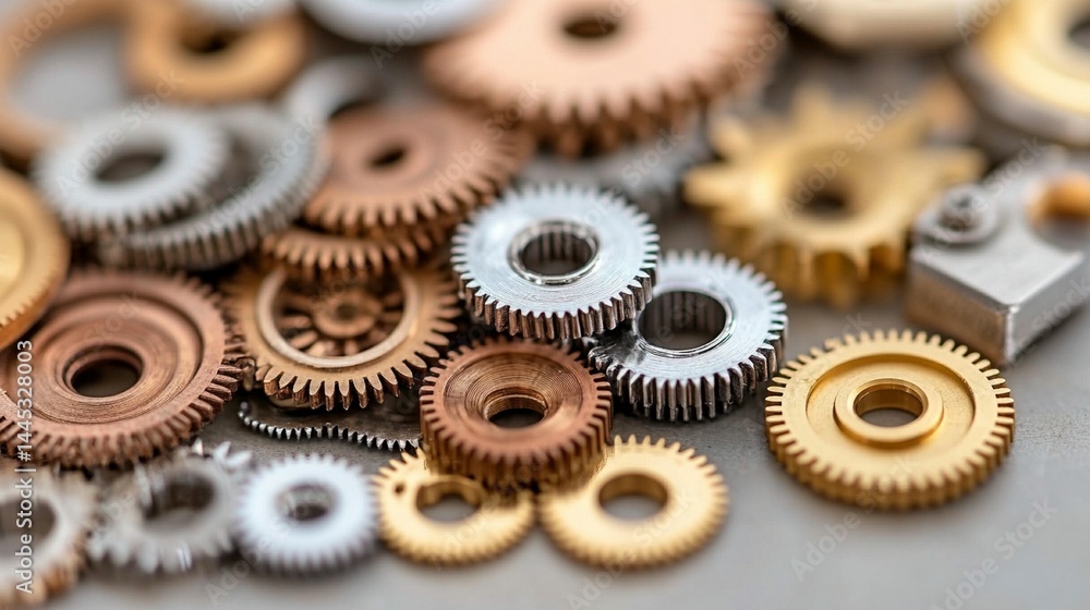 Poster close-up of assorted metallic gears and cogs.