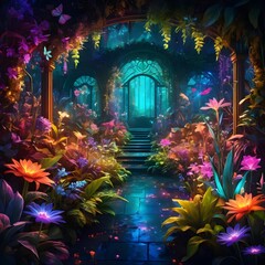 Fototapeta premium Enchanting Glowing Garden Path to Mysterious Gate