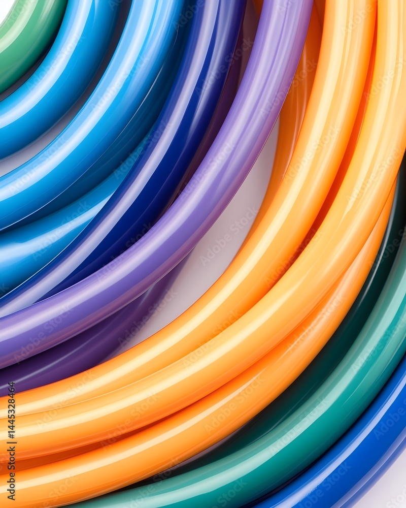 Poster colorful, curved tubes in vibrant hues arranged in overlapping concentric circles, creating a dynami