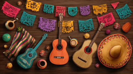 Fototapeta premium Rustic Mexican celebration poster with colorful decorations – Cinco de Mayo theme