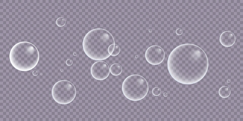A set of colorful and colorful soap bubbles to create a design. Isolated, transparent, realistic soap bubbles on a transparent background.