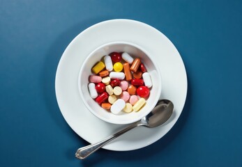 Assorted Pills and Capsules in Bowl with Spoon on Plate