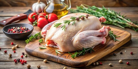 Whole raw chicken with rose pepper and thyme on a wooden cutting board , kitchen, cooking