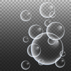 A set of colorful and colorful soap bubbles to create a design. Isolated, transparent, realistic soap bubbles on a transparent background.