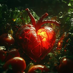 September World Heart Day Glowing anatomical heart surrounded by fresh vegetables surreal health metaphor redgreen contrast sharp focus on textures Image