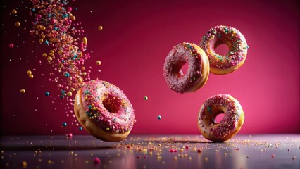 donuts falling down with sprinkles on dark pink background, pastry drops