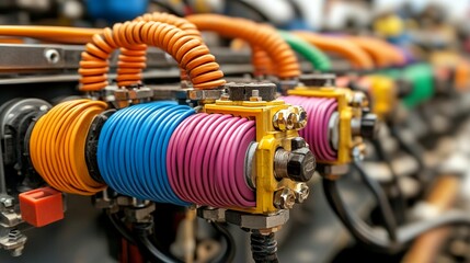 Obraz premium Close-up of colorful coiled wires and electrical components in industrial machinery.