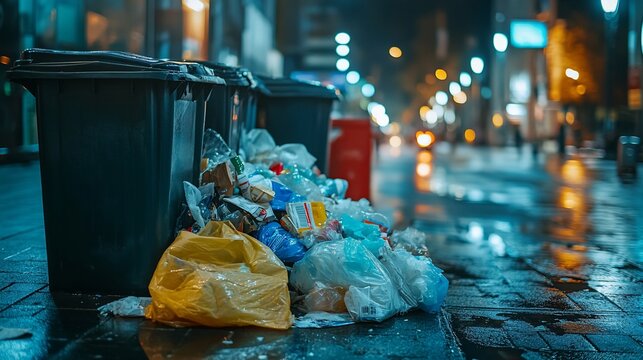 Overflowing trash bins and bags on city street at night