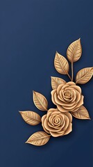 Elegant gold roses and leaves on a navy blue background, depicted in a 3D relief style