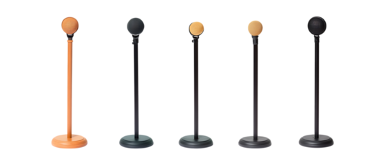 Pack of Microphone Stands in Five Different Poses Against Transparent Background for Audio Equipment Branding, Music Setup Promotion, or Studio Design Projects