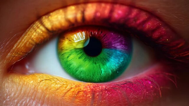Close-up of a striking eye with multi-colored iris and vibrant makeup, with rainbow spectrum on skin tones, and dark pupil.