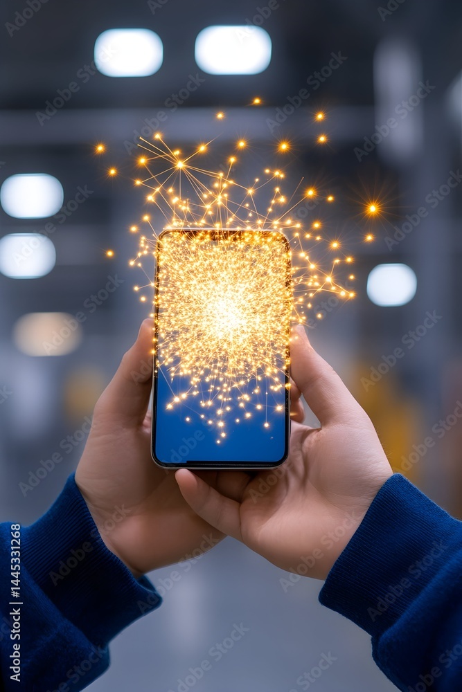 Poster glowing network data emanating from a smartphone held in hands