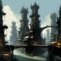 Naklejka premium Gothic Cyberpunk Cityscape