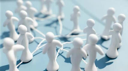Network of white human figures connected by strings symbolizing communication and relationships on light blue background