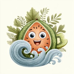 Happy Watermelon Cartoon with Water Waves and Green Leaves