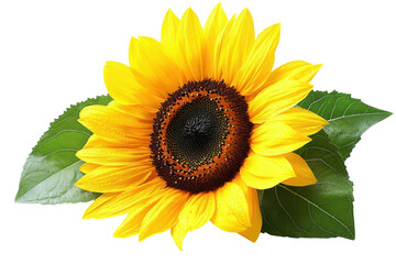 Obraz premium Vibrant sunflower a symbol of summer joy bright yellow petals lush green leaves crisp white