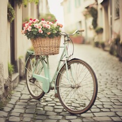 Vintage bicycle with flower basket against cobblestone European summer soft pastel tones Image