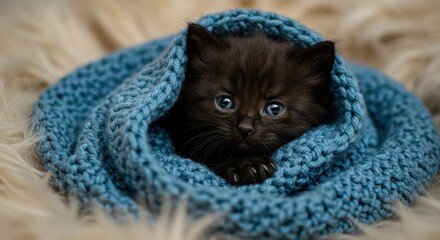 Naklejka premium Cute kitten wrapped in a blue blanket - Photo