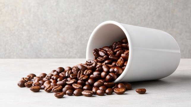 An intriguing image of a white mug tipped over with rich coffee beans spilling out, creating an artistic composition on a textured gray surface that evokes warmth and comfort.