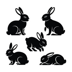 Black Silhouette Rabbit Set – 5 Elegant Bunny Poses for Decorative and Graphic Use