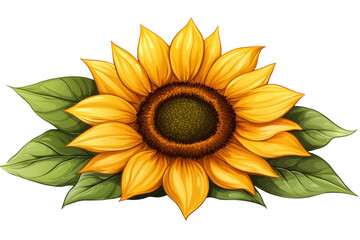 Obraz premium Vibrant sunflower graphic bright yellow petals rich green leaves isolated on white background