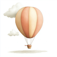 Minimalistic and whimsical illustration of a pastel-colored hot air balloon gently floating among the clouds. A tiny animal pilot peeks from the basket, adding charm and warmth to the scene.