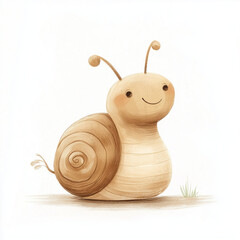 Adorable minimalistic illustration of a happy snail character with a spiraled shell. Hand-drawn in soft beige tones, ideal for children’s books, educational materials, and nursery decor.