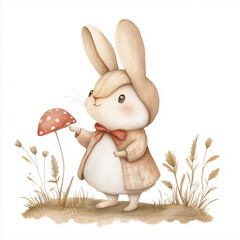 Charming hand-drawn illustration of a bunny in a vintage plaid coat and red bow tie, holding a red mushroom. Soft earthy colors and whimsical style make it ideal for children’s books