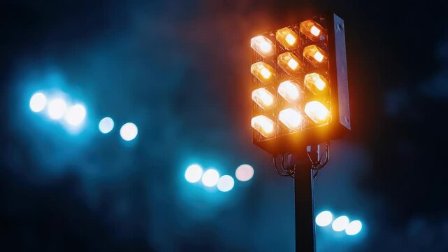 Close-up of a sports floodlight illuminating a night game.