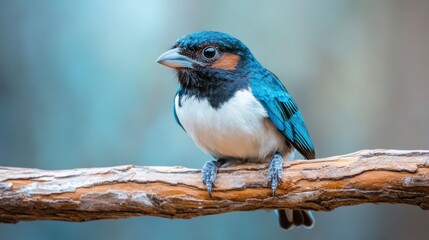Fototapeta premium A vibrant blue bird perched on a wooden branch, beautifully showcasing its bright feathers against a soft background, symbolizing freedom and the beauty of nature in a serene moment.