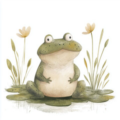 Adorable green frog with big eyes, sitting calmly on a lily pad among blooming flowers. Hand-drawn in soft tones, perfect for storybooks, nursery decor, and children’s nature-themed designs.