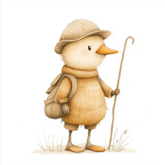 Charming cartoon duck wearing a hat and cozy clothes, holding a walking stick and carrying a backpack. Hand-drawn in soft earthy tones, ideal for children’s books, adventure themes