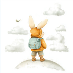 Adorable bunny wearing an orange jacket and green backpack, standing on a hill and looking at the sky filled with fluffy clouds. Hand-drawn soft pastel style, perfect for children’s books