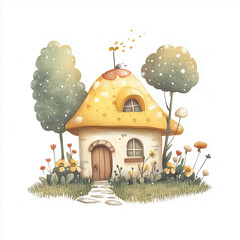 Cute fairytale mushroom house with yellow roof, hand-drawn children’s illustration