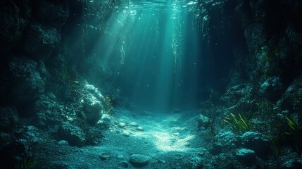 Naklejka premium Sunlit underwater cave with lush vegetation and ethereal blue glow