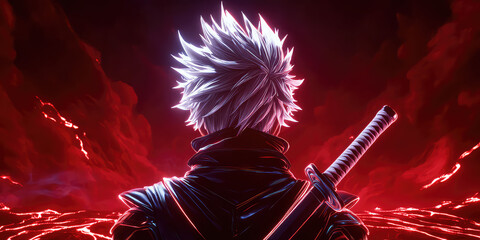Anime Swordsman Against a Fiery Red Background: Mysterious Warrior, Intense Scene
