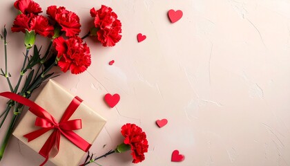 母の日ギフトと赤いカーネーションのフラットレイ