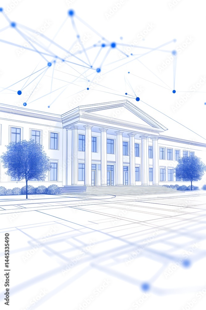 Poster neoclassical building blueprint with overlaid digital network